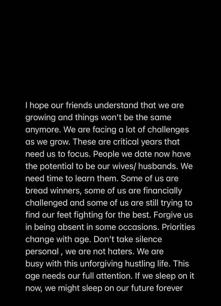 A black background with white text that reads a long, earnest message from young adults to their friends, explaining they…