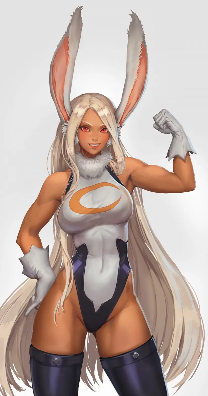 A muscular anime-style female character with long blonde hair, large bunny ears, and a white and black outfit flexes her…