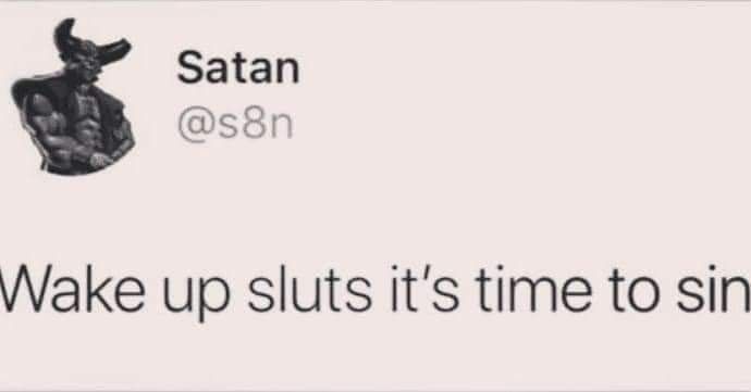 A screenshot of a tweet from a profile named 'Satan' with handle '@s8n', featuring a muscular devil icon. The tweet reads…