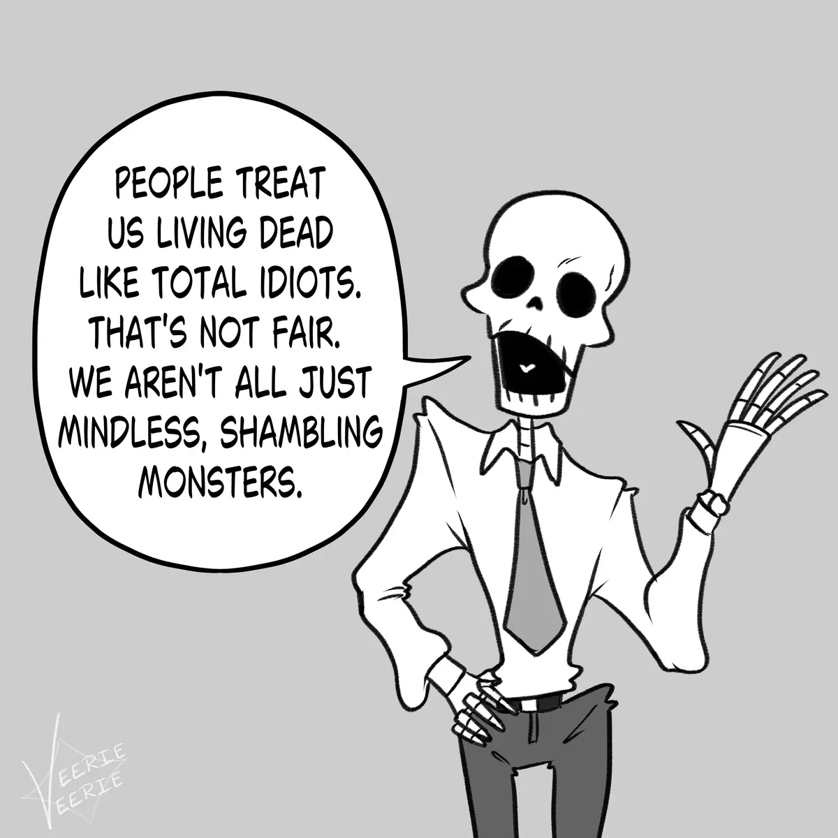 A cartoon skeleton wearing a shirt, tie, and pants stands with one hand on its hip and the other raised, speaking through a…