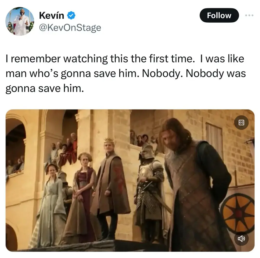 A screenshot from a tweet by Kevin (@KevOnStage) shows a scene from Game of Thrones where a man in a brown tunic and leather…