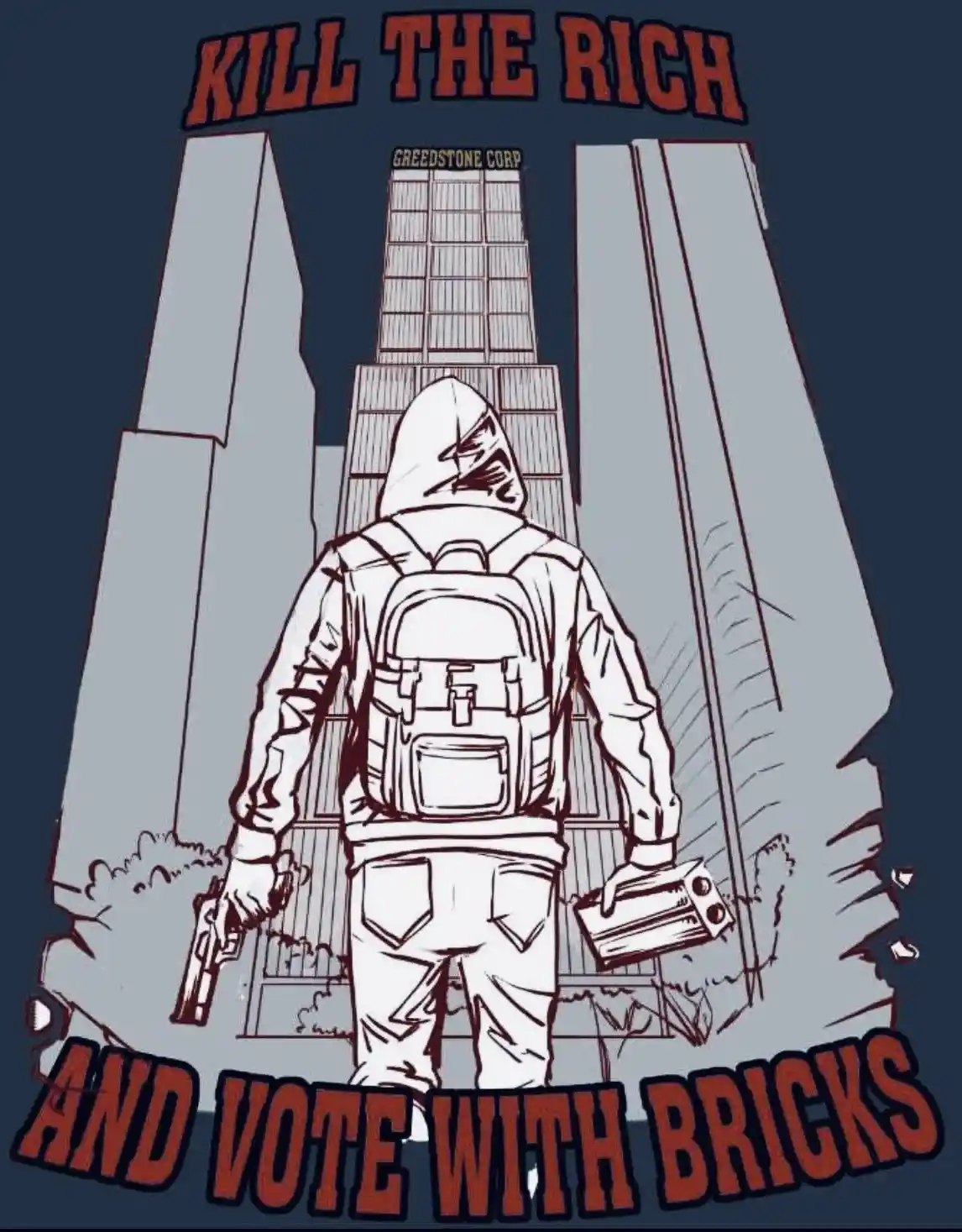 A stylized illustration shows a hooded figure from behind, carrying a backpack, holding a gun in one hand and a brick in the…