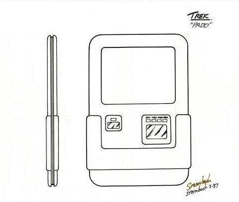 A black-and-white line drawing shows a handheld device with a screen and two control panels, resembling a futuristic gadget…