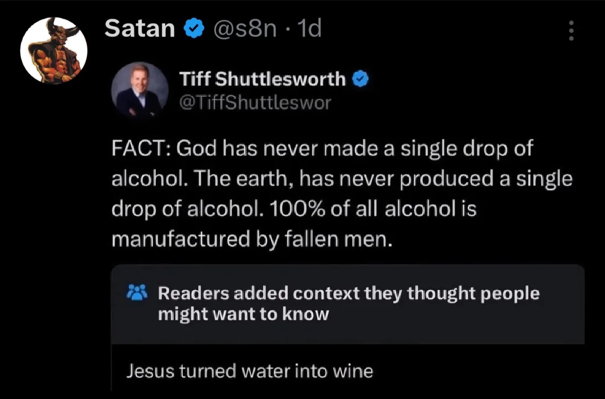 A screenshot of a tweet by 'Satan' (@s8n) replying to a tweet by 'Tiff Shuttlesworth' (@TiffShuttleswor). The original tweet…