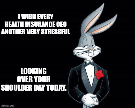 A cartoon rabbit, Bugs Bunny, dressed in a black tuxedo with a red rose boutonniere, stands against a black background…