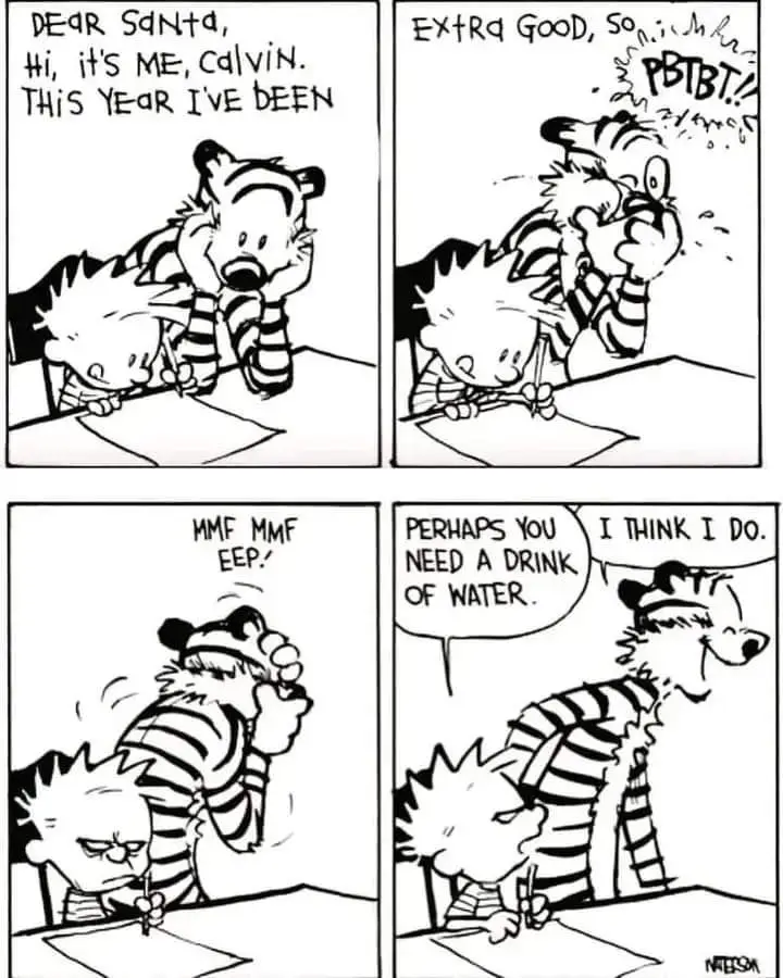 A four-panel Calvin and Hobbes comic strip shows Calvin writing a letter to Santa, then getting excited and making noise…