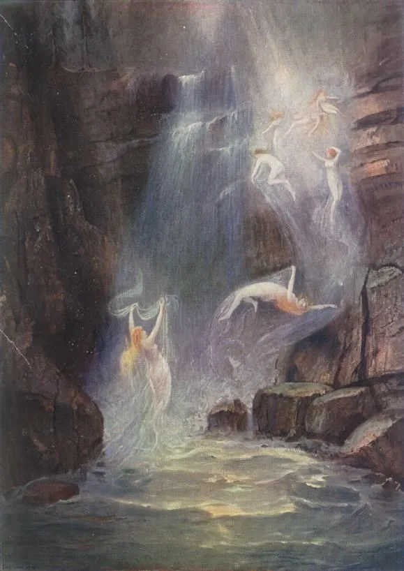 a classical painting depicts ethereal, winged figures dancing and leaping around a cascading waterfall within a rocky gorge…