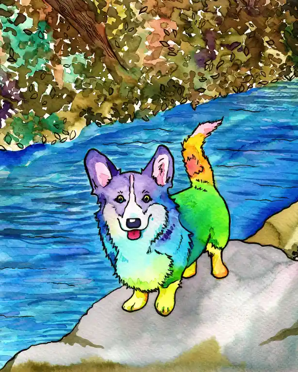 A watercolor-style illustration shows a corgi standing on a rock by a blue river, under a tree with green and brown leaves…