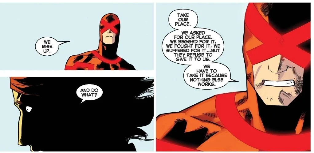 A comic panel featuring a masked character in a red and black costume with an 'X' on the face, speaking about rising up and…