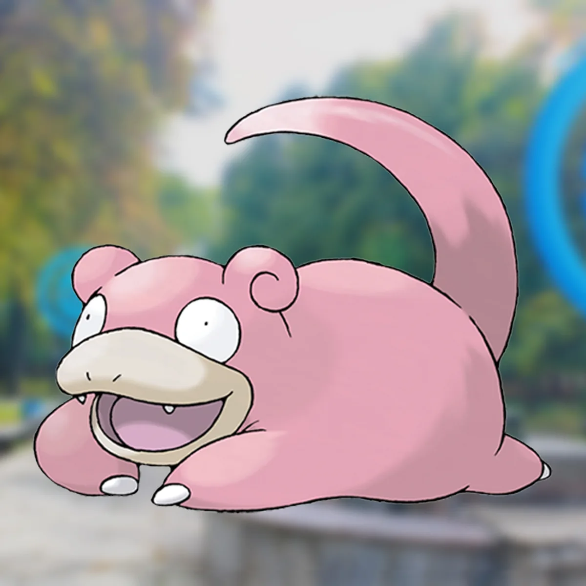 A pink, chubby Pokémon named Slowpoke is shown lying on its stomach with a wide, goofy grin, its long tail curved up behind…
