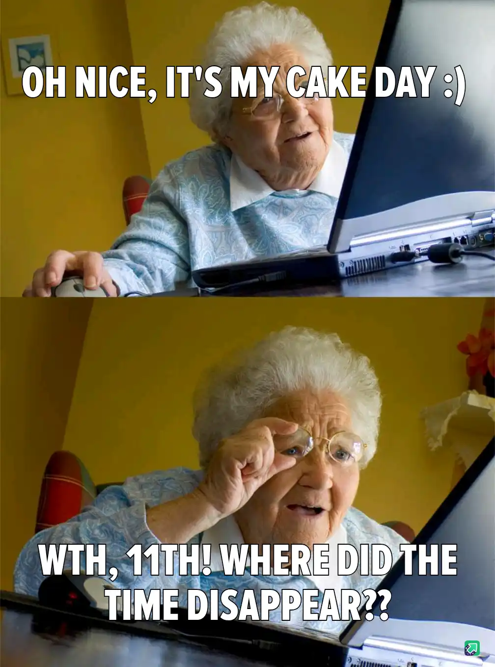 An elderly woman with white hair and glasses sits at a laptop. In the top panel, she smiles and says 'OH NICE, IT'S MY CAKE…