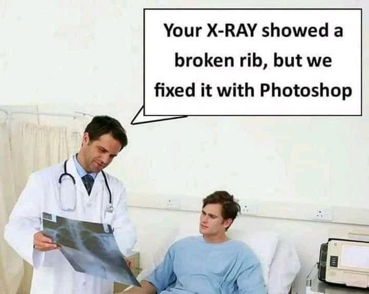 A doctor in a white coat holds up an X-ray image while speaking to a patient in a hospital bed. The doctor's speech bubble…