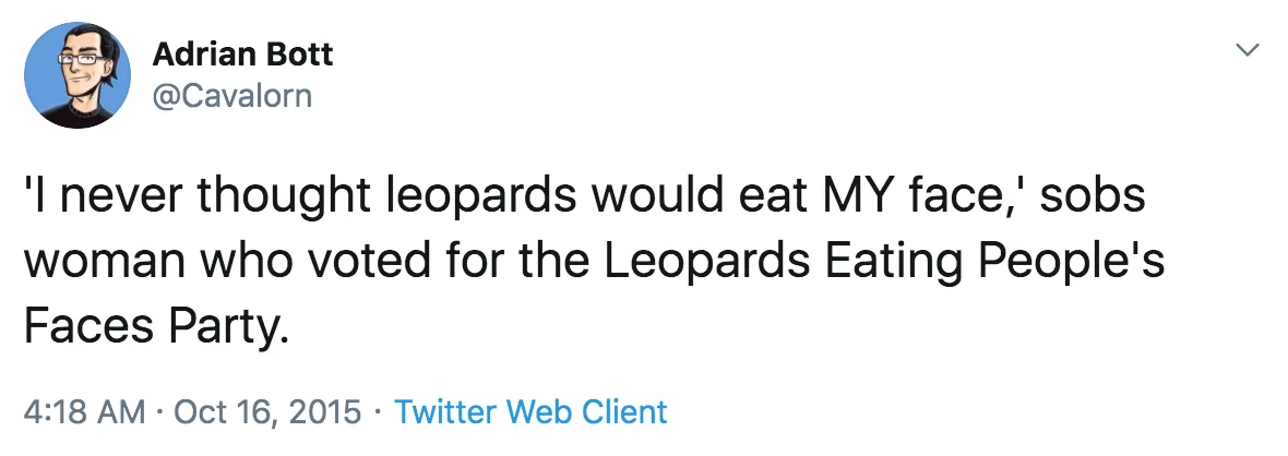 A screenshot of a 2015 Twitter post by Adrian Bott (@Cavalorn) showing a cartoon avatar and text that reads: 'I never…