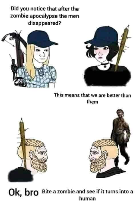 The image is a three-panel meme featuring cartoon-style illustrations. The top panel shows two women, one with a bow and…