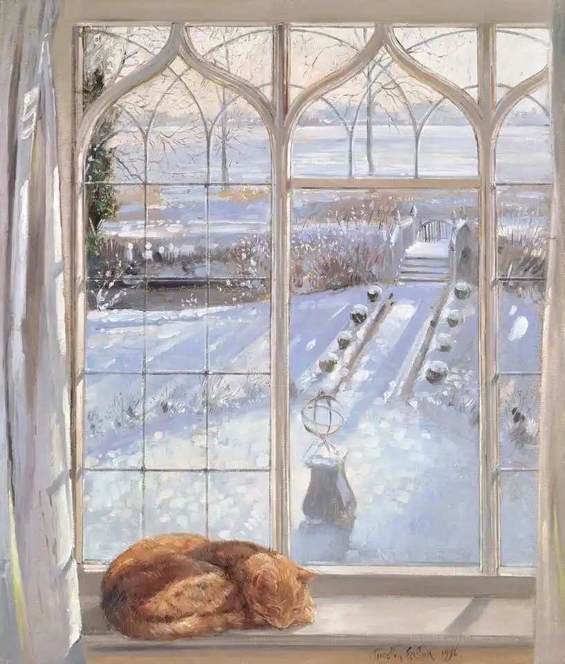 A painting depicts a ginger cat curled up and sleeping peacefully on a windowsill, looking out at a snowy garden with a…