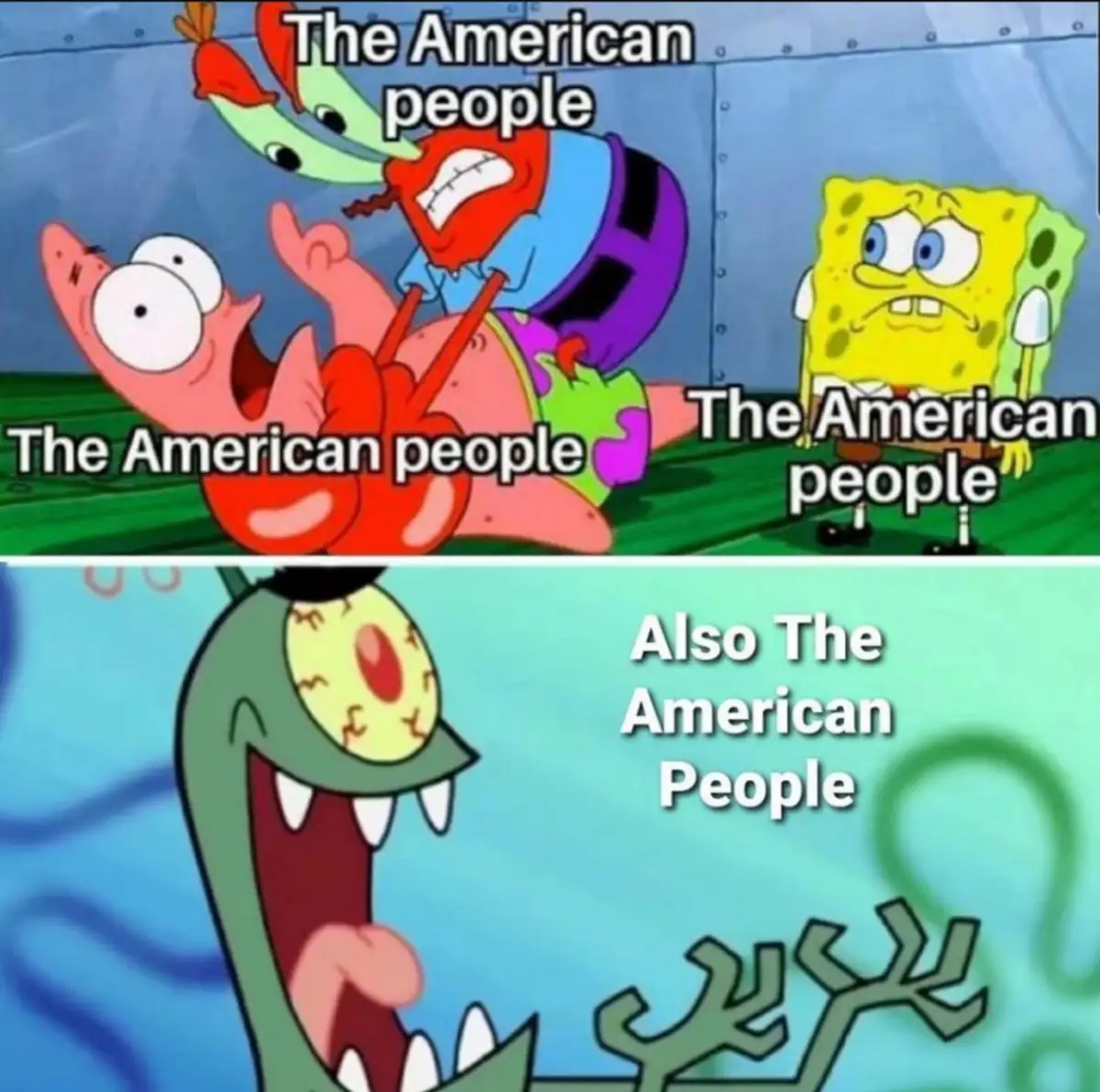 The top panel shows Patrick Star being attacked by a crab while SpongeBob SquarePants looks on, all labeled 'The American…