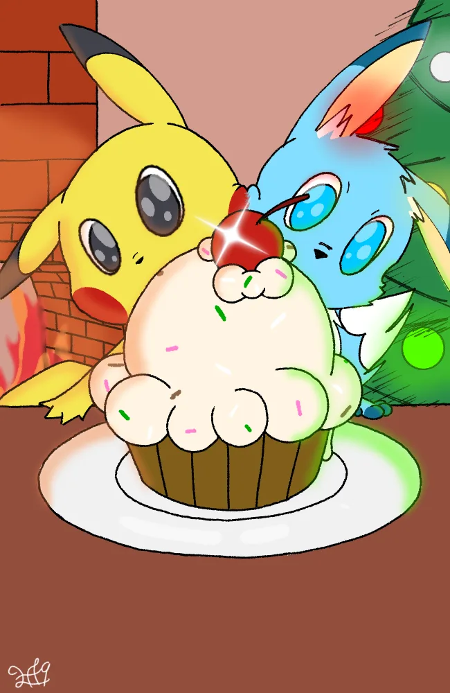 Two Pokémon, Pikachu and a blue one resembling Froakie, are shown with wide, loving eyes staring at a large cupcake topped…