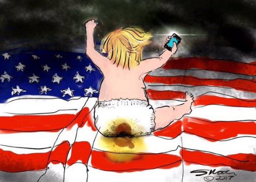 A cartoon baby with blonde hair and a diaper sits on a large American flag, holding up a smartphone as if taking a selfie…