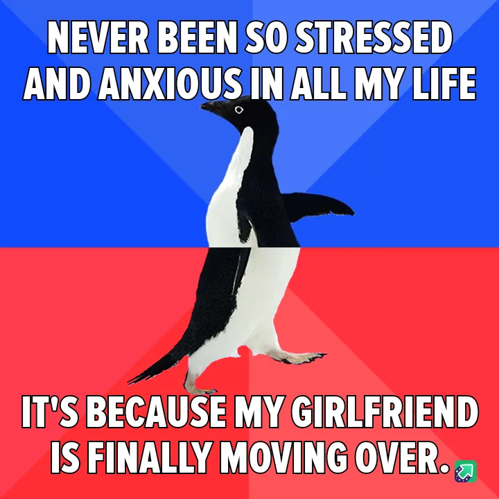 A penguin stands centered against a split blue and red background, with bold white text overlaid. The top text reads 'NEVER…