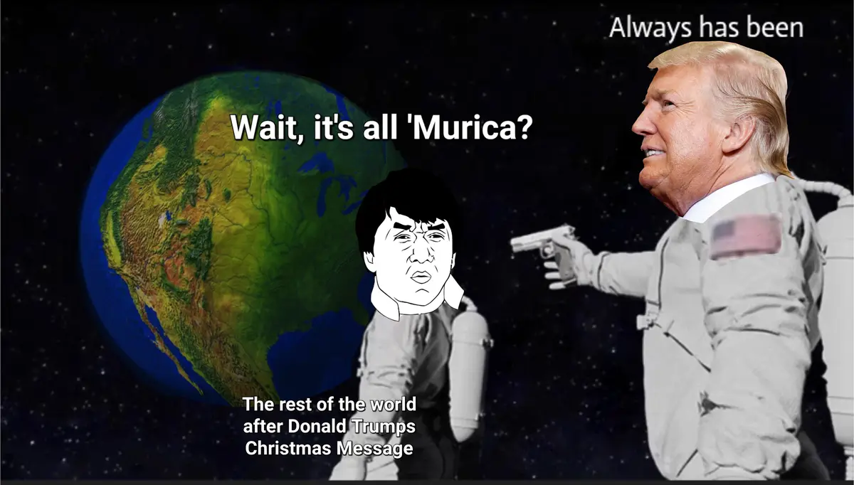 An image shows two figures in space suits against a backdrop of Earth, with Donald Trump's head on one figure holding a gun…