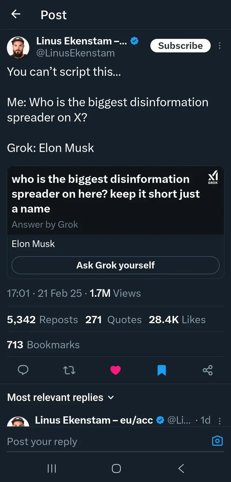 A screenshot of a social media post by Linus Ekenstam showing a conversation with an AI named Grok. The user asks Grok, 'Who…