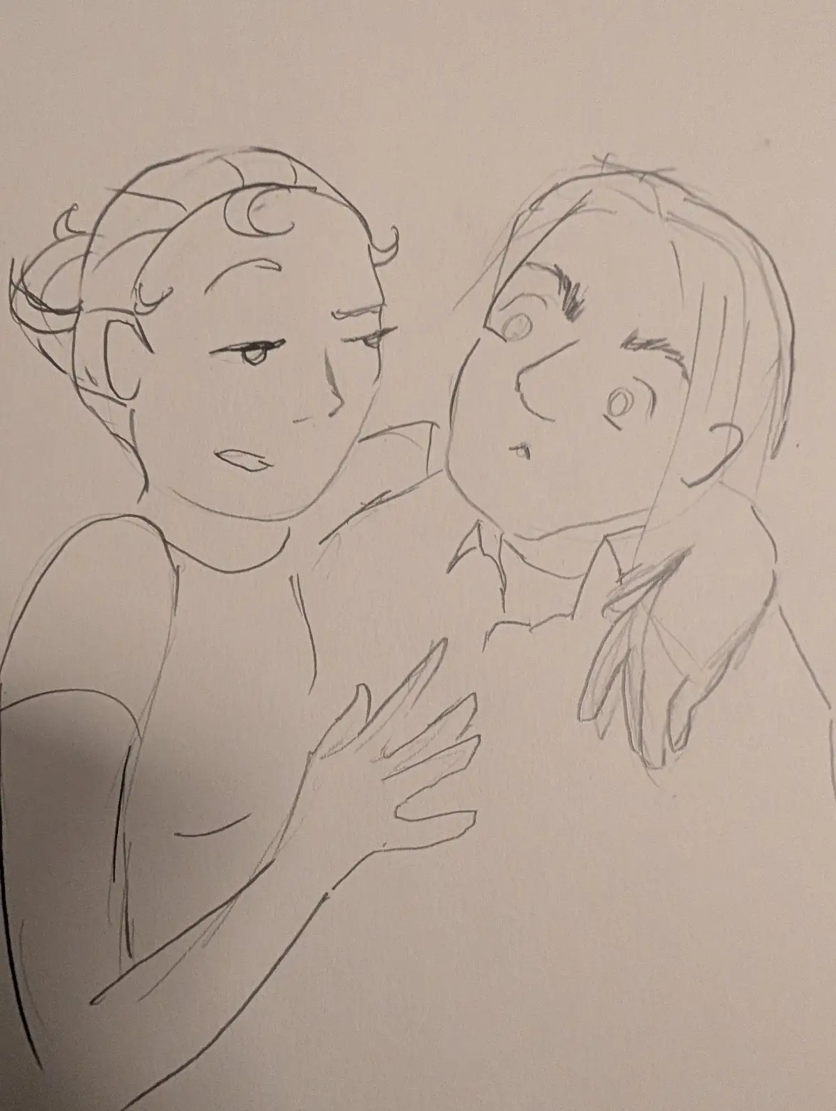A hand-drawn sketch shows two people: one with a calm, slightly annoyed expression and the other with wide, shocked eyes…