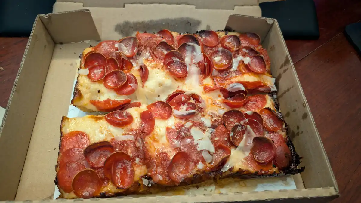 Indulging in Detroit-style pizza from R Town Pizza!