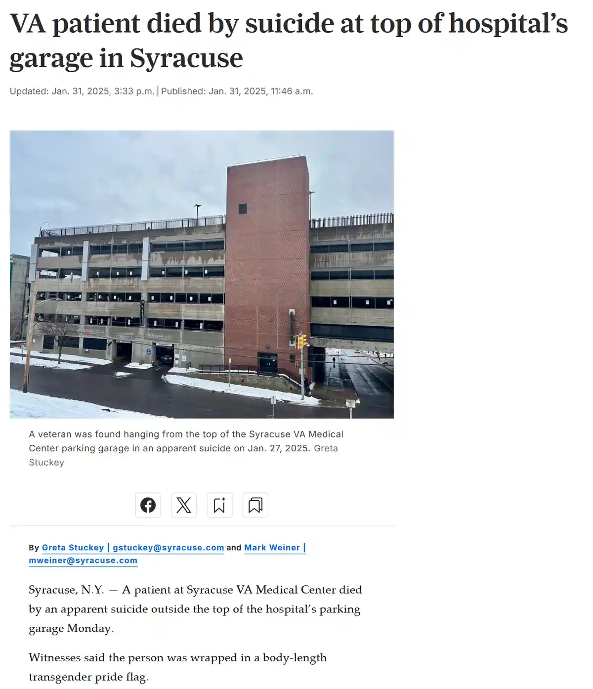 A news article screenshot shows a multi-level concrete parking garage with a brick tower, snow on the ground, and a headline…
