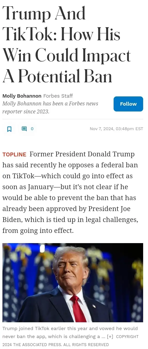 A screenshot of a Forbes news article dated November 7, 2024, with a headline about Donald Trump's stance on a potential…