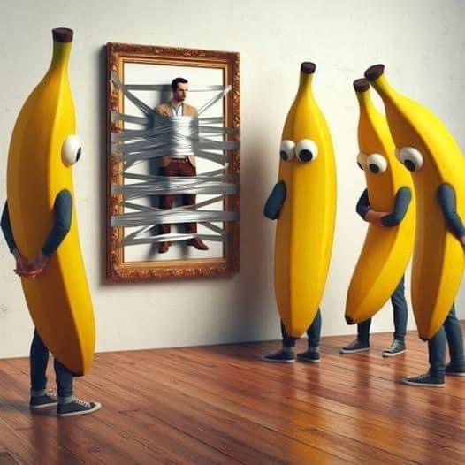 Four anthropomorphic bananas with googly eyes and human arms stand in a room, looking at a framed mirror. Inside the mirror…