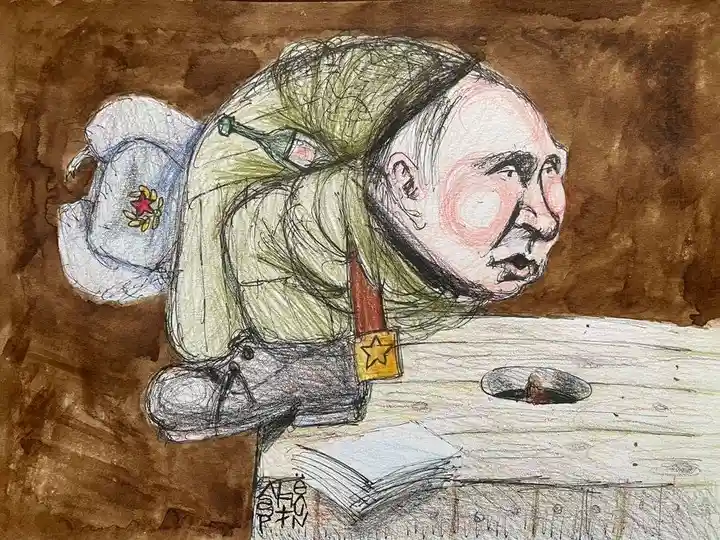 A hand-drawn cartoon depicts a caricature of Vladimir Putin in a military uniform, slumped over a desk with his head down…