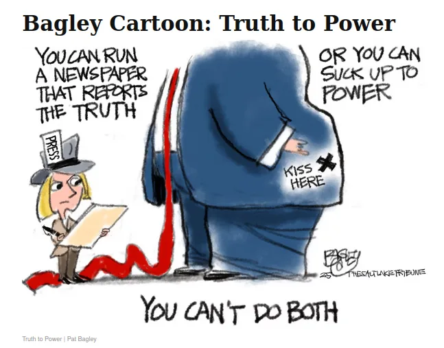 A cartoon shows a small journalist in a press hat holding a paper, facing a large, imposing figure in a suit. The large…