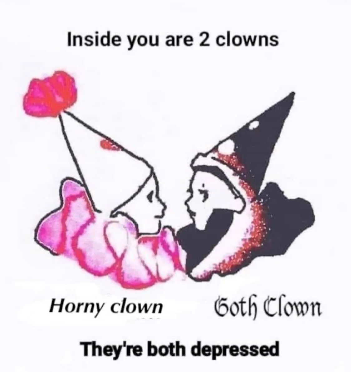The image shows two cartoon clowns facing each other. The clown on the left wears a pink ruffled collar and a white party…