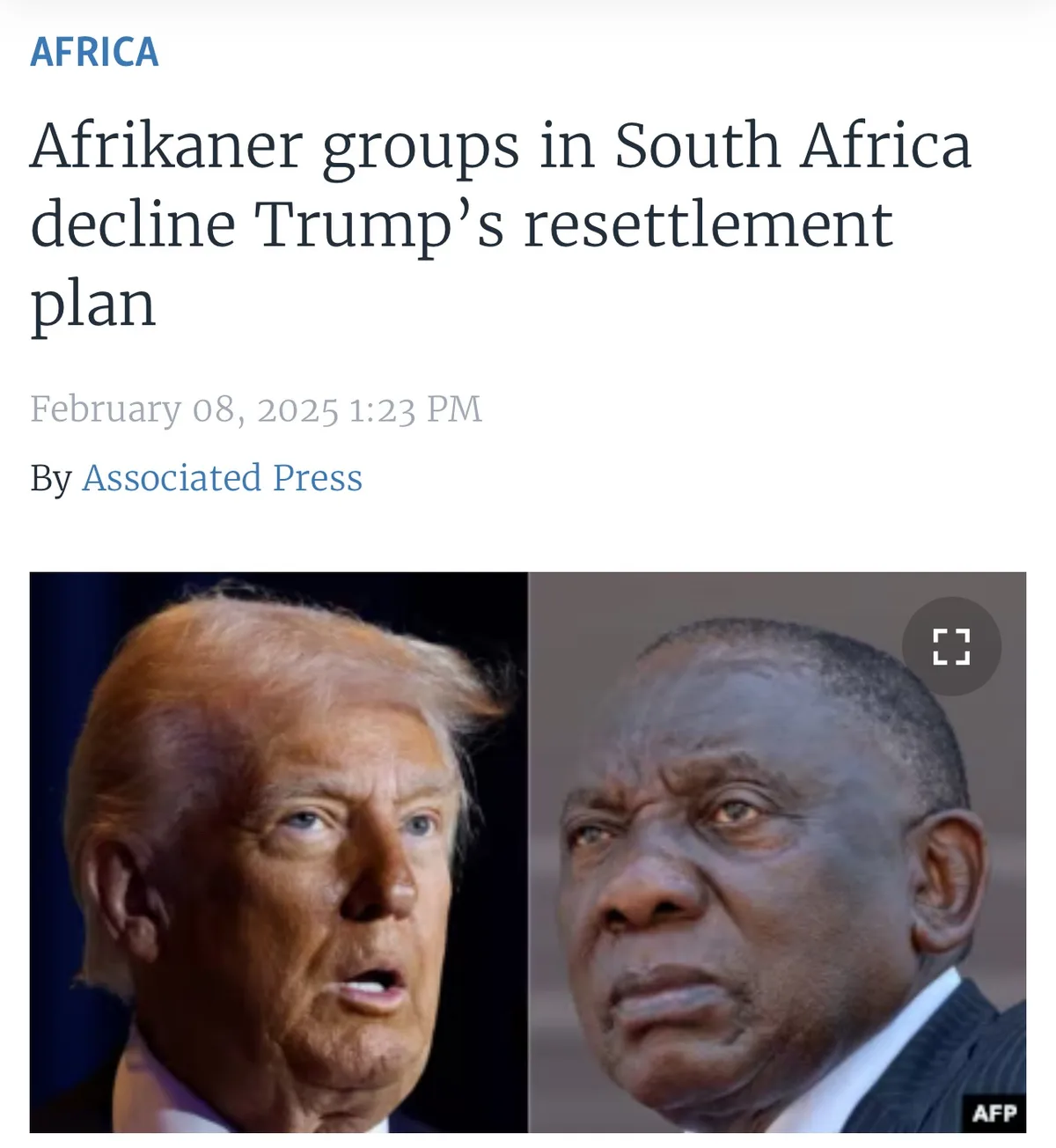 The image displays a news article headline about Afrikaner groups in South Africa declining Trump's resettlement plan, dated…