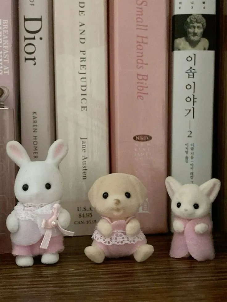 Three small, pink-dressed plush animal figurines — a rabbit, a bear, and a cat — sit on a wooden shelf in front of a row of…