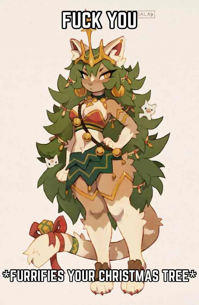 An anthropomorphic feline character with a crown and festive attire is depicted as a Christmas tree, adorned with ornaments…