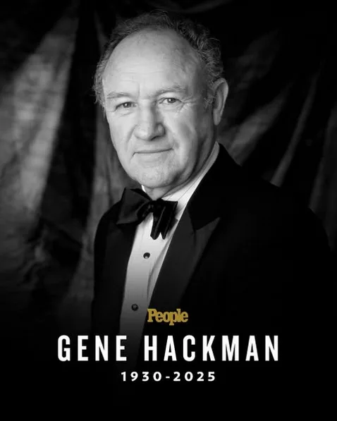 A black and white portrait of actor Gene Hackman in a tuxedo with a bow tie, looking directly at the camera. The image has a…