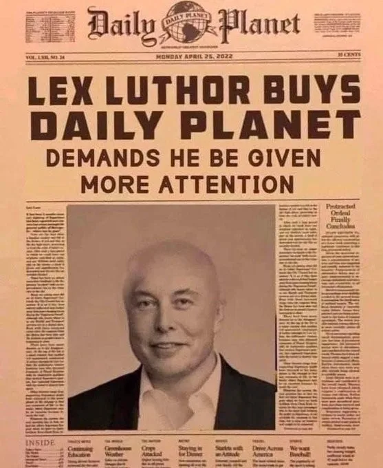 A newspaper front page parody titled 'Daily Planet' dated April 25, 2022, features a photo of Lex Luthor with the headline…