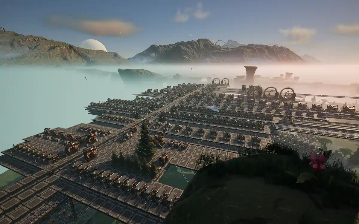 A sprawling, meticulously organized space colony with rows of industrial machinery and automated factories, set against a…