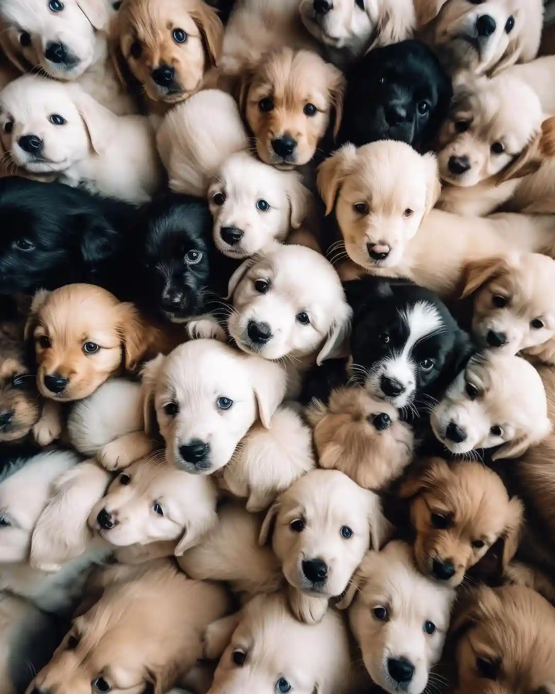 A dense, overhead shot of dozens of golden retriever puppies of various colors—golden, black, white, and cream—crowded…