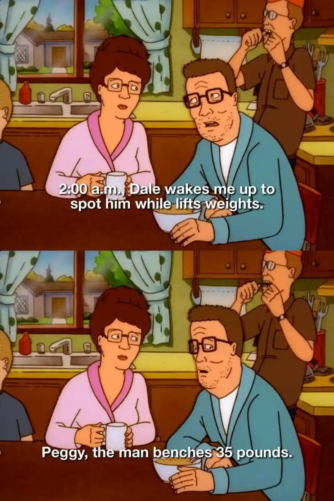 The image shows two panels from the animated show 'Bobs Burgers'. In both, characters Peggy and Bob are seated at a kitchen…