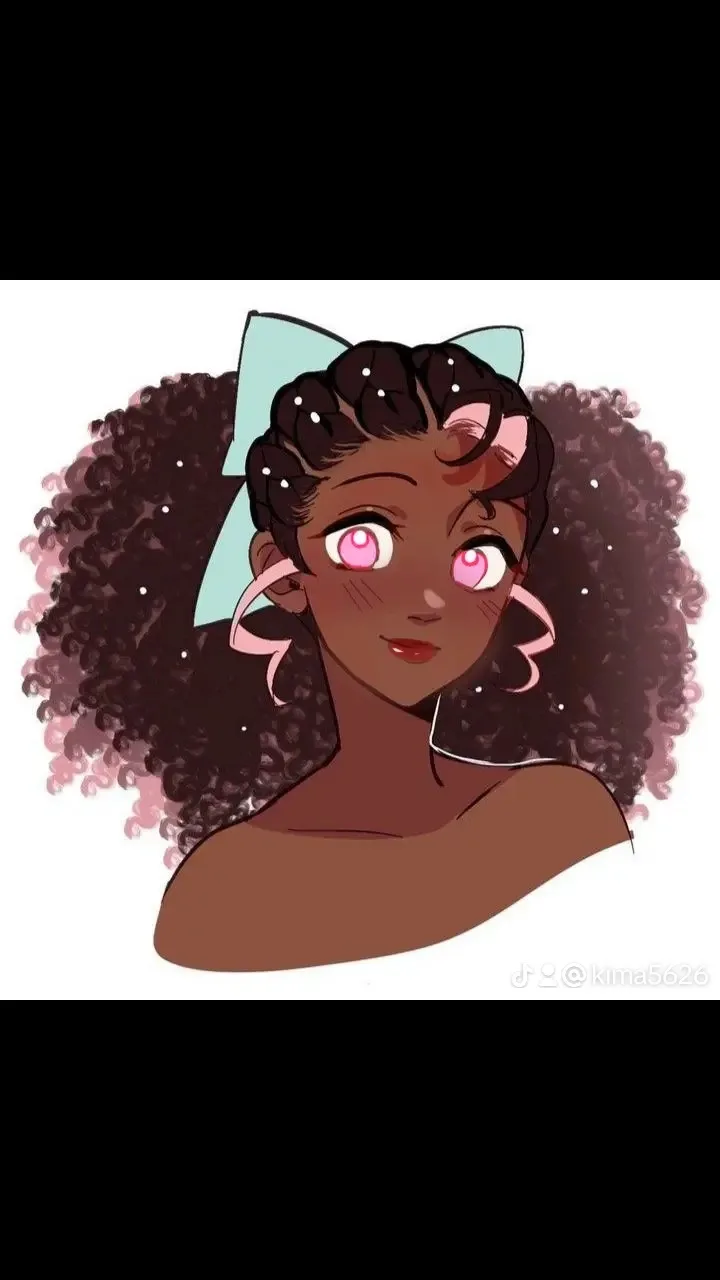 An anime-style illustration of a Black woman with curly hair, a light blue bow, and pink glowing eyes, looking slightly smug…