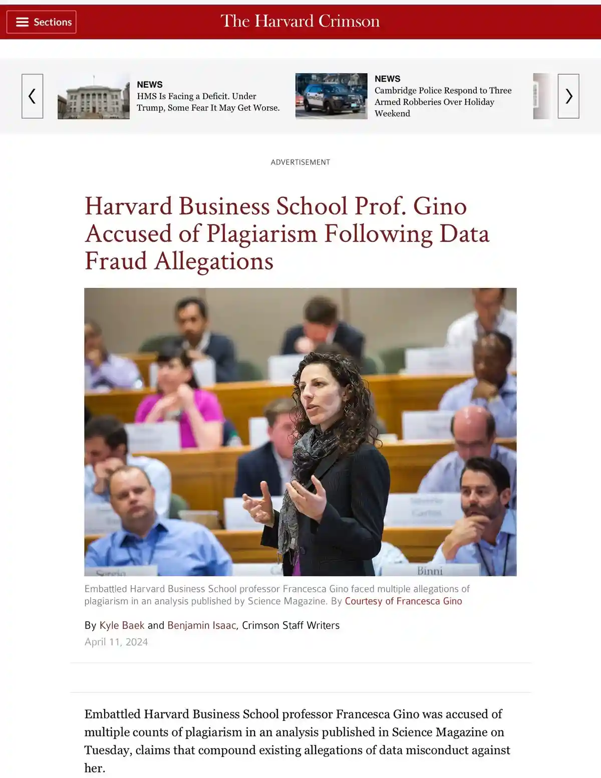 A screenshot of a Harvard Crimson news article shows a woman speaking at a conference while seated attendees listen. The…