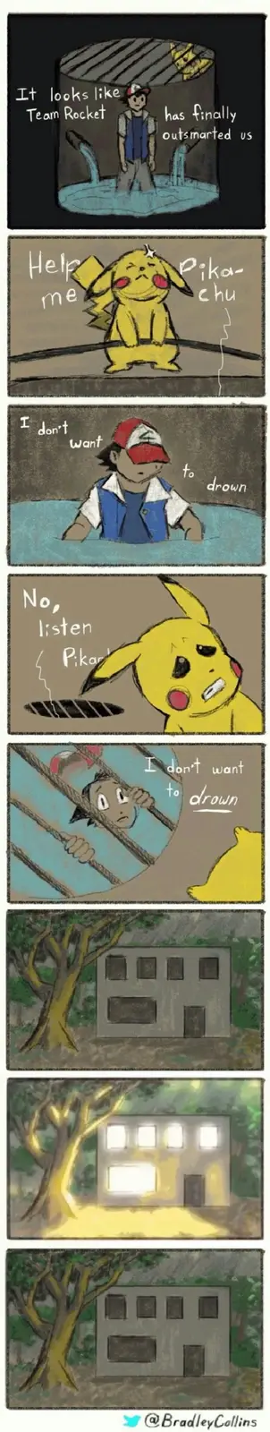 A six-panel comic strip shows Ash and Pikachu trapped in a flooded area. Ash thinks Team Rocket has outsmarted them. Pikachu…