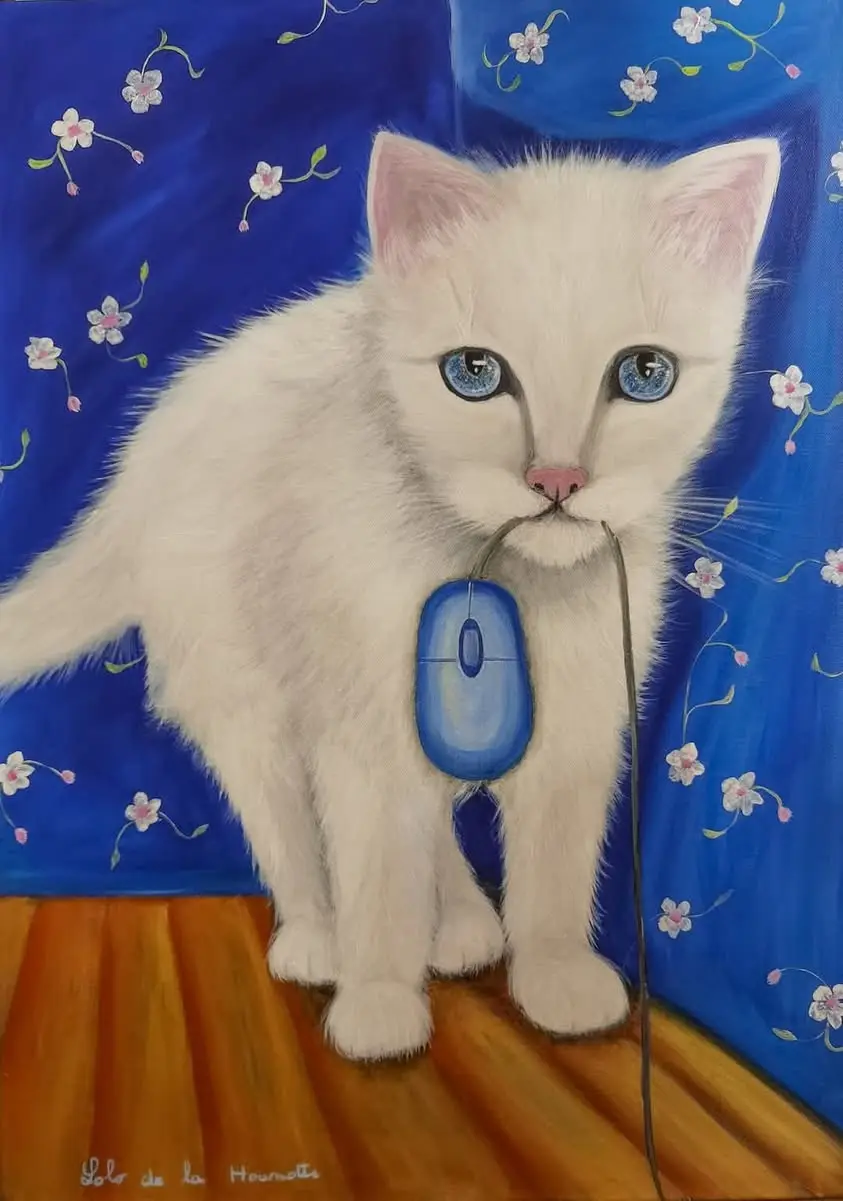 A painting of a fluffy white kitten with striking blue eyes stands on a wooden floor against a blue floral curtain, holding…
