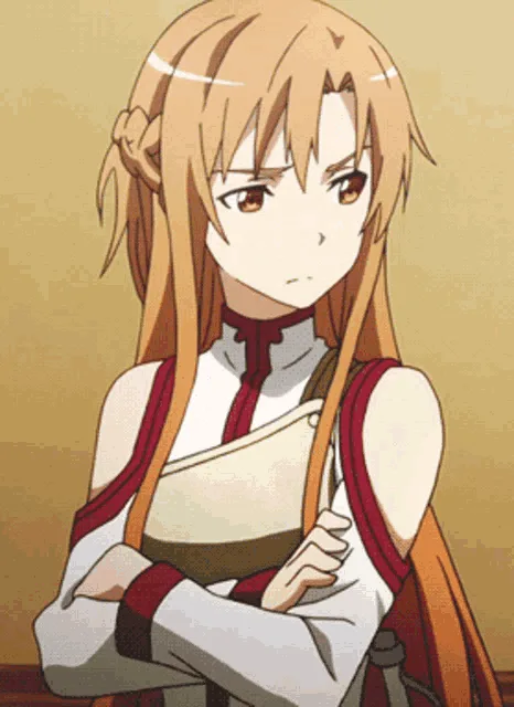 six panels show an anime girl with long orange hair and a white and red outfit crossing her arms, her facial expression…