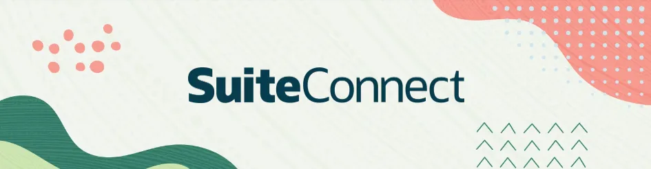 The image displays the 'SuiteConnect' logo in dark teal text centered on a light background with abstract decorative…