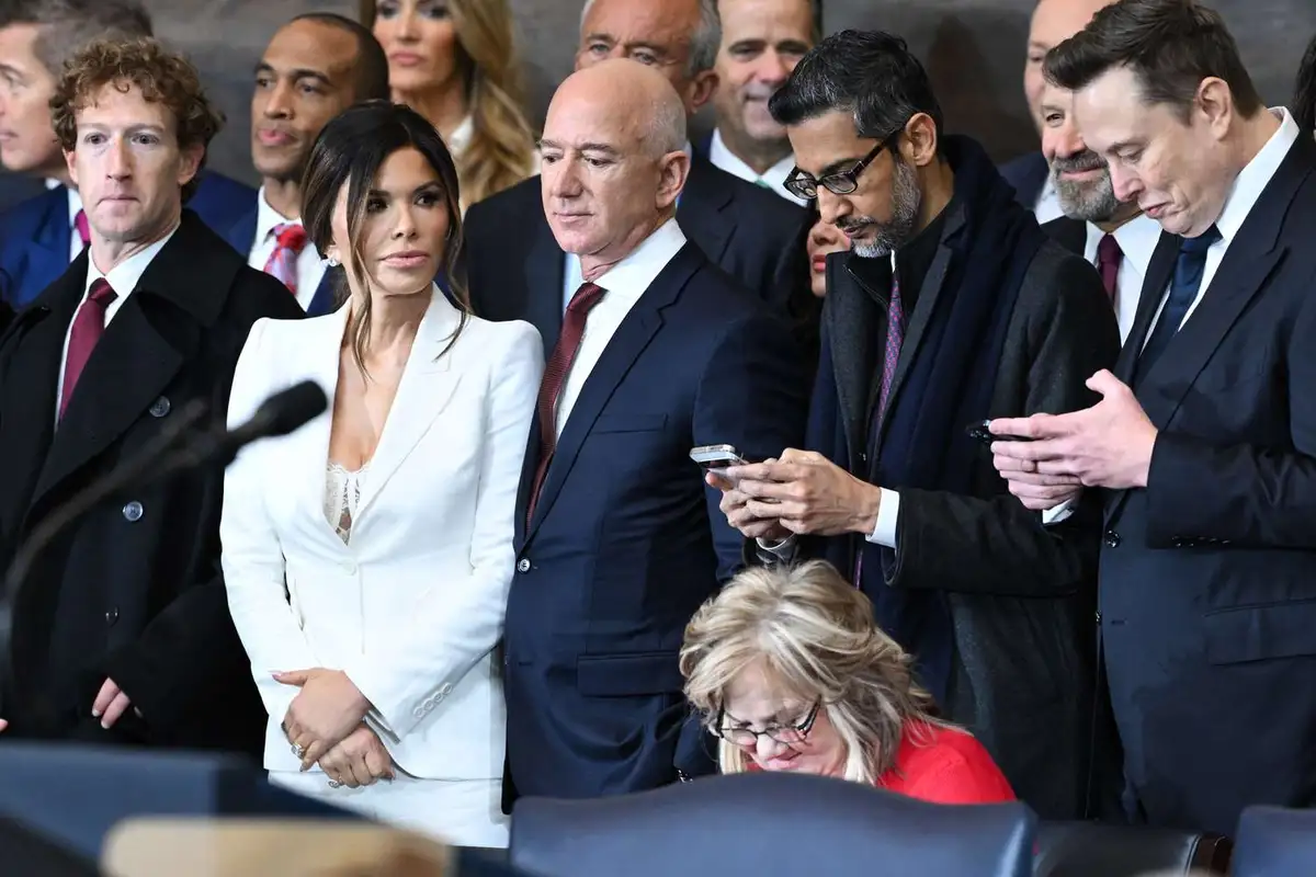 a group of prominent tech and business figures, including Mark Zuckerberg, Kendall Jenner, Jeff Bezos, Sundar Pichai, and…