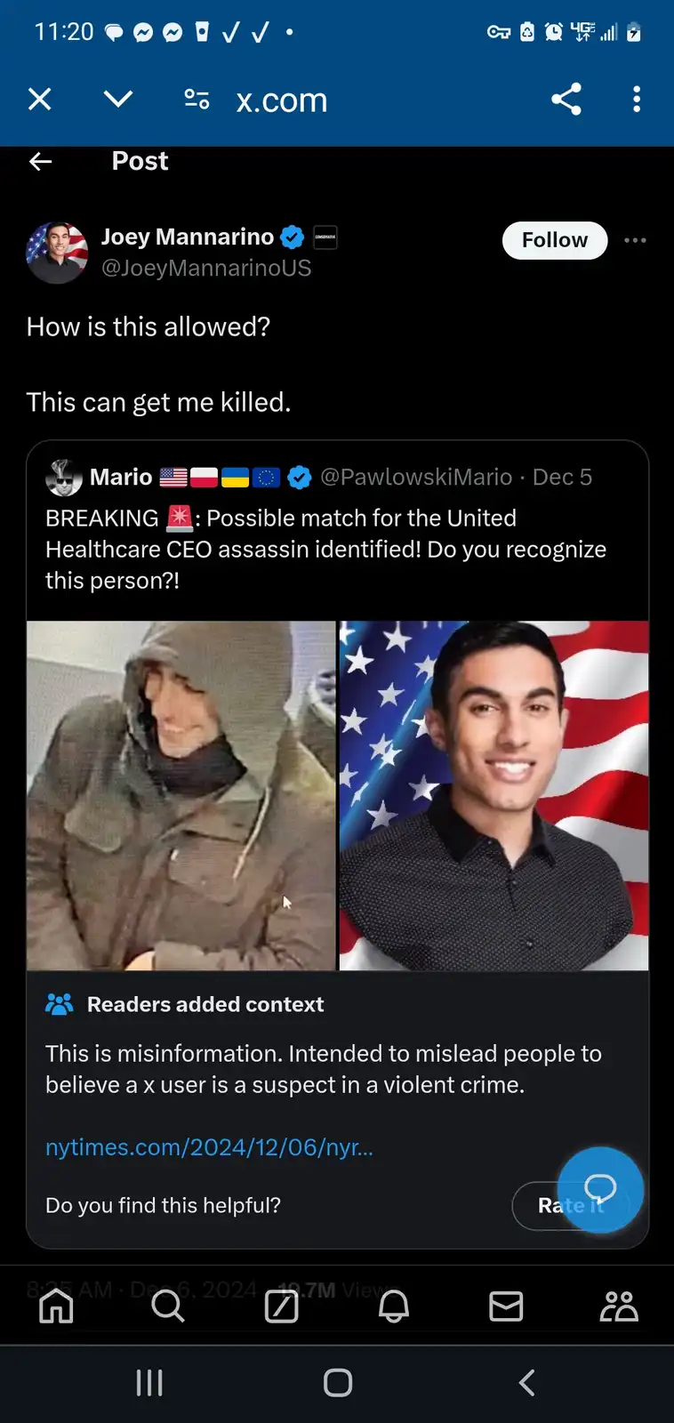 A screenshot of a Twitter post by Joey Mannarino reacting to a viral post that falsely claimed a man in a hoodie was the…