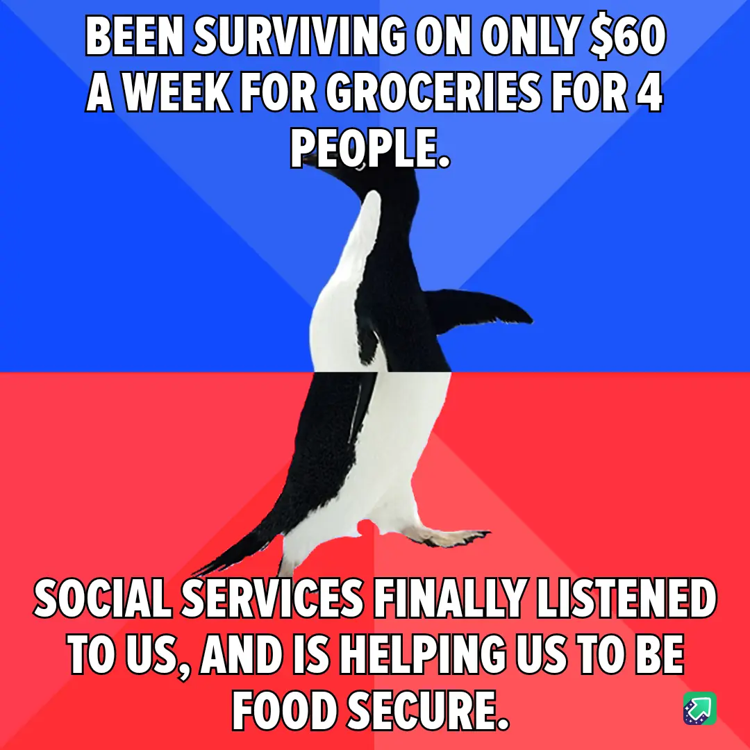 A penguin stands upright against a blue and red background, with white text overlaid in two sections. The top text reads…